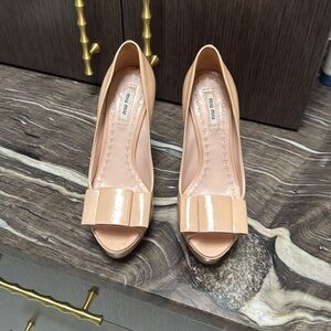 Miu Miu Nude Patent Leather Bow Peep Platform Pump